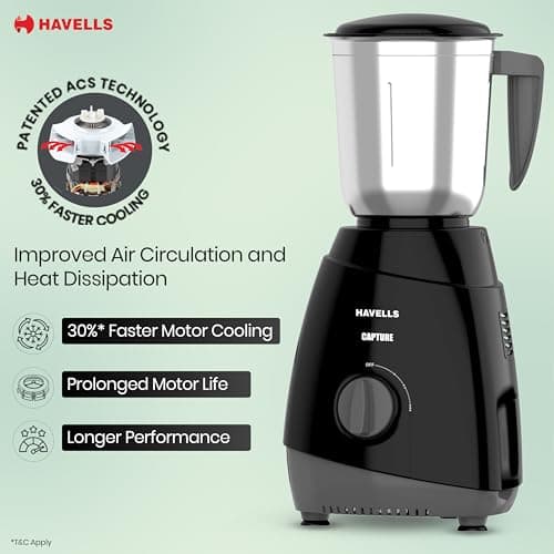 Havells Capture 500W Mixer Grinder 3 Stainless Steel Jars | 21000 RPM High-Speed Motor | Rust-Resistant 304 SS Blades | 1.5L Large Blending Jar | Overheat Protection | 1-Year Warranty (Black) 4
