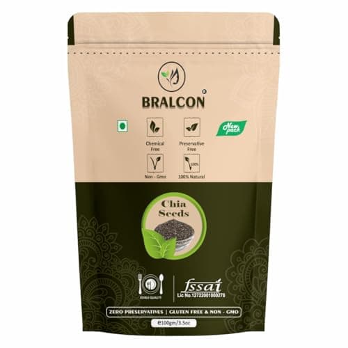 BRALCON Raw Unroasted Pure & Natural Chia Seeds - 100gm | Chia Seeds for Eating with Omega 3 and Rich in Fiber, Calcium & Protein | Antioxidant | Healthy Superfood