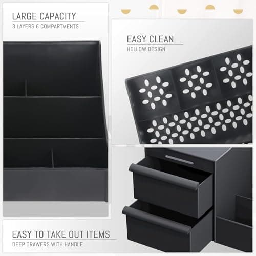 UCRAVO Black ABS Plastic Desk Organiser with Drawer,Multifunctional Desk Organizer,Customized Desk Organizer with Pencil Holders,Sticky Note,Paperclip StorageIOffice Table Stand for Home/Office 2