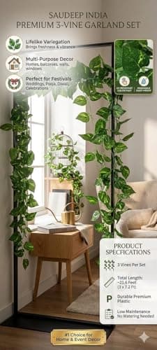 SAUDEEP INDIA Artificial Green Leaf Money Plant Garland | 7.2 Feet Bel Vine Creeper | Realistic Hanging Fake Leaves Ivy | Home Decor for Door, Wall, Balcony, Garden & Festival Decoration (3 Vines) 5