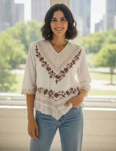 LIBAAS INDIA Women Embroidered Rayon Top | Casual Boho Floral Embroidery V-Neck 3/4 Sleeve Summer Top for Women | Stylish Western Ethnic Fusion Tunic Top for Girls & Women (in, Alpha, 2XL, Off White) 2