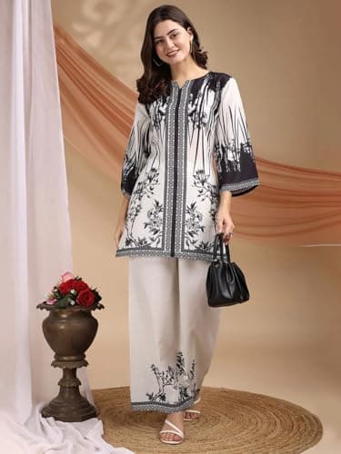 Women's Co-ord Rayon Floral Printed Kurta Pant Set | High-Low Hem & Full Sleeves | Ethnic Co-ord for Festive & Casual Wear | Co-ord Set For Women Stylish (IN, Alpha, L, Regular, Women, White) 2