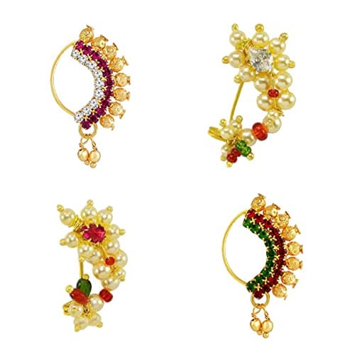 KYOOT JEWELS Maharashtrian Nath Combo Nose pin without piercing Pearl Diamond Gold Plated Nathni Clip On Ruby Green Moti Nose Ring For Women (Combo 1)