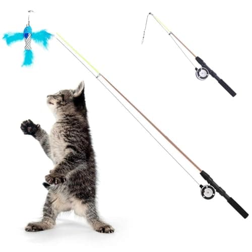 Qpets® Cat Wand Toys, Retractable Interactive Cat Feather Teaser with Realistic Fish, Telescopic Rod Fun Indoor Outdoor for Active Play & Exercise
