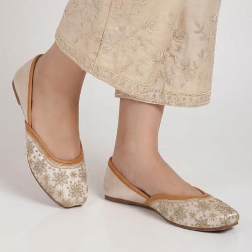 CatBird Women Traditional Jutti with Floral Embroidery | Ethnic Slip-On Mojari | Comfortable Festive & Casual Wear Flats|5UK Off White 5