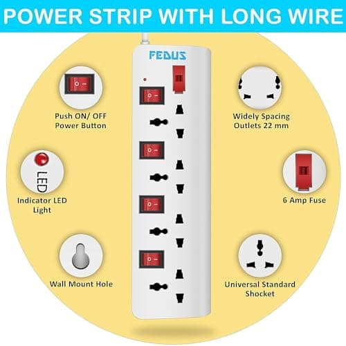 FEDUS 15 Meter 49.2 Feet Long Switch Board Extension|Pack 1 Extension Boards with Switch,Extension Board with Long Wire,Extension Board for Computer,Surge Protectors Spike Buster,240 Volts,White 4