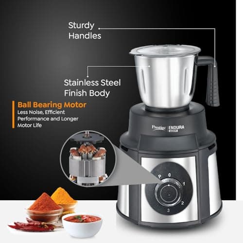 Prestige Endura 1000W Mixer Grinder with Ball Bearing Technology|Stainless Steel 3 Jars with Flow breakers|Overload protection|Black & Silver 3