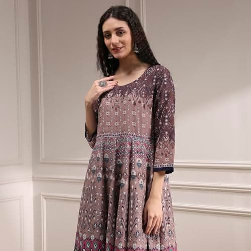 Biba Women Mud Brown Cotton Anarkali Printed Kurta Set_34 6