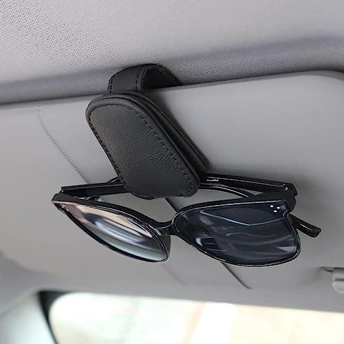 HSR Car Accessories Universal Sunglasses Goggles Holder for Car Sun Visor, Magnetic Leather Glasses Hanger Clip (Black)