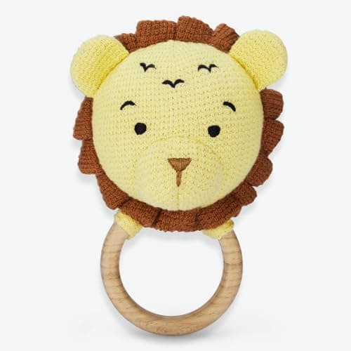 Haus & Kinder Leo Lion Baby Teether Toy for Newborn Baby, BPA Free 100% Cotton Knitted Soft Toy with Wooden Ring & Rattle, Sensory Chew Teether for Infants 0–24 Months 2