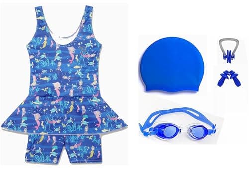 Aqua Holic Swimming Kit for Girls with 1 Swimming Costume | Swim Suit | Swimwear | Swimming Dress Goggles Cap Ear Plug Nose Clip