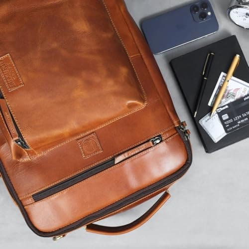 LUXURIO CRAFT Leather Laptop Backpack for Men & Women | 2-in-1 Convertible Office Bag | Fits Upto 15.6 Inch Laptop | Premium Tan Leather Work & Travel Bag with Multiple Compartments 3