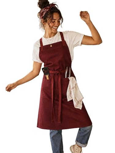 RUSTIQUE LINENS Cotton Cross Back Apron with Waterproof Inner Membrane and 2 Pockets for Men and Women – Adjustable Water Resistant Chef Apron for Cooking, Baking, BBQ, or Work - Garnet