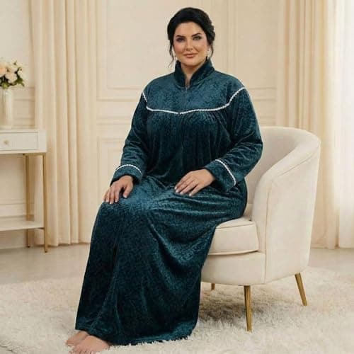 Stretchable Velvet Winter Maxi Nighty for Women – Ultra-Soft Warm Full Sleeve Long Nightwear Gown | High Neck Zip Style Nightdress | Winter Wear | Plus Size Nighty (6XL) Teal Blue 5