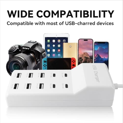 USB Charging Station, 10 Ports Family-Sized USB C Charger Block,USB Power Strip for Smart Phone Tablet Laptop Computer (1 Pcs) 4