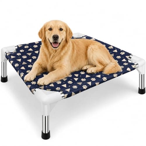 ZEXSAZONE Elevated Dog Bed 70x60x20 cm for Medium Dogs & Cats | Cooling Raised Pet Cot with Anti-Scratch Fabric | Foldable Portable Steel Frame Bed | Breathable Outdoor Indoor Dog Cot (Print Blue)