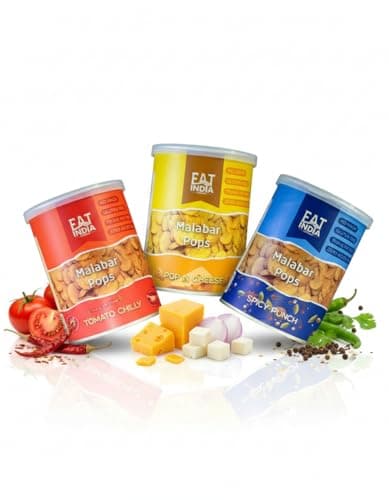 Eat India Malabar Pops Snacks, 100g, Gluten-Free, No Maida, 3 Flavours - Tomato Chilly, Pop'n Cheese, Spicy Punch 3