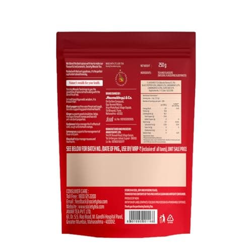 Society Masala Chai — Five-Spice Indian Masala Tea, Real Cardamom Ginger Clove Black Pepper Lemongrass Blended Into Assam CTC, Hasmukhrai & Co. Since 1924 | 250 g Pouch | No Flavouring 2