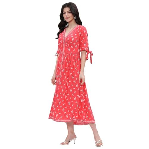 Rangriti Women Coral Viscose Rayon Flared Dress_46 2