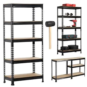 STAR WORK Black Adjustable Set of 5-Shelf Metal Storage Shelving Unit, Steel Bootless Rivet Utility Display Rack Garage Shelves, 63 Inches Height(63 X 24 X 12 Inch-H X W X D,Black)