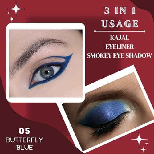 KINDED Kind Eyes Kajal 3 in 1 Kohl Kajal Eye Liner Smokey Eye Shadow Waterproof Smudge Proof 18 Hours Long Stay Colour One Stroke Auto Kajal Pencil for Eye Makeup (Butterfly Blue, 0.35 gm) 5