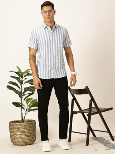 Thomas Scott Mens Half Sleeves Cotton Linen Striped Casual Shirt (TS1375_Blue, S) 5