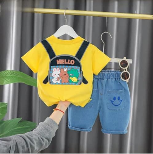 Indhrani Garments Kids Clothes for Boys | Cotton T-shirt and Denim Shorts for Baby Boys | Baby Boy Dress Clothing Set, Yellow 6-12 month 3