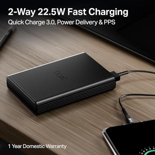 Boat Energyshroom PB300 Pro 10000 mAh 22.5W Pocket Size, Compact Power Bank, Fast Charging (2X Output Ports, Supports Android, iPhone, Tablets, Earbuds, etc.) (Carbon Black), USB Type C 3