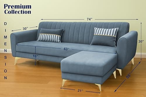 Adorn India Premium Luster 4 Seater L Shape Sofa Set | Velvet Suede Fabric | 3-Year Warranty | Color Grey with Golden Legs & Striped Pattern Cushion 2
