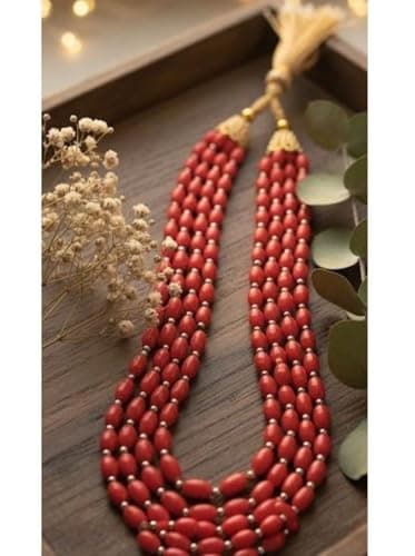 dirix Antique Natural Coral Pink Beads 5 Layer 24 Inch Necklace for Women & Girls | Alloy Layered Statement Jewellery (Red) 5