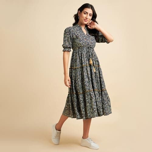 Azira 100% Cotton Printed Fit & Flared Mandarin Collar Midi Dress | Casual Dress | Dress for Woman | Summer Dress Blue 4