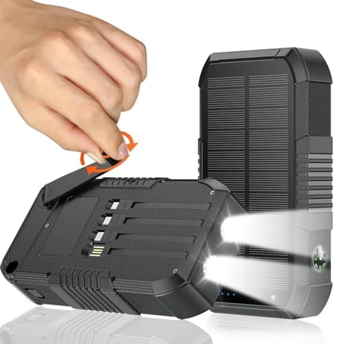 EVENPURE Solar Power Bank 66800mAh Built in Hand Crank and 4 Cables 22.5W Fast Charge,Camping Essentials/SOS/Strobe/Strong Flashlights,Compass Solar Portable Charger Power Bank (Black)