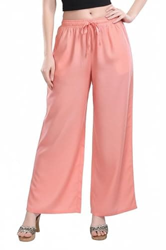 Oxinexx Solid Flared Palazzo Pant for Women Soft Breathable Viscose Rayon Straight Loose Fit Wide Leg Ethnic Set Perfect Office Formal Wear Salmon Pink