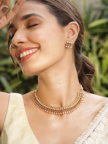 Rubans Women's 22Kt Gold Plated Brass Red And Green Stone Studded Necklace Set 2