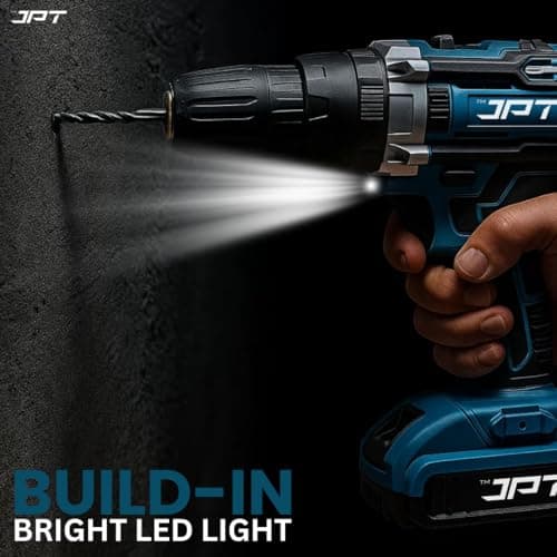 JPT 21V Heavy-Duty Impact Cordless Drill Machine | Max. 90N.M Torque | Max. 0-2000RPM Speed | 10MM Keyless Chuck | 25+3 Gears Setting | 2.0Ah Li-Ion Battery | 24Pcs Drill Accessories 6