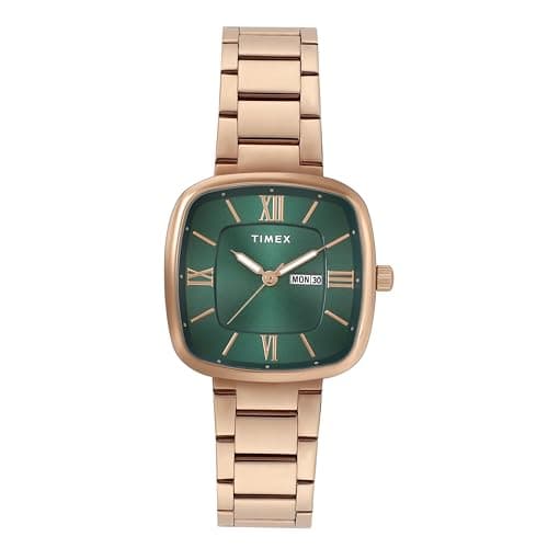 TIMEX Analog Watch for Women with Green Square Dial & Rose Gold Stainless Steel Bracelet Band Water Resistant Women's Wrist Watches - TWEL20603