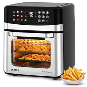 INALSA Air Fryer Oven|12L,1700W|Stainless Steel Body|12-in-1 Functions,Fry,Bake,Grill,Dehydrate&Reheat|12 Preset|Rotisserie&Convection|Dishwasher Safe Accessories|2Yr Warranty,2025Model AeroCrisp 12