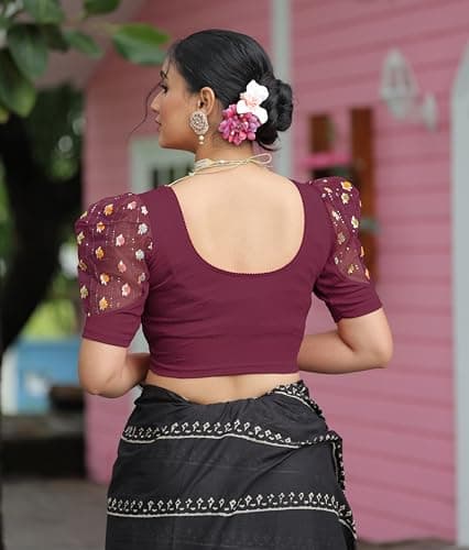 Amazon Brand - Anarva Round Neck Lycra Stretchable Puffed Elbow Sleeve Readymade Saree Blouse for Women Stylish (roli-Wine-Blouse-l) 3