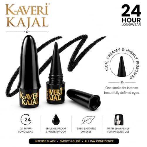 Kaveri Black Kajal | Smudge-Proof Long-Lasting Eye Kohl | Herbal Formula for Sensitive Eyes | Vegan Chemical-Free | (Pack of 2) 4g 5