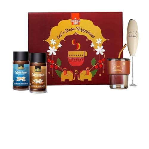 CONTINENTAL COFFEE Gift Box Hamper Set | Continental Speciale Vanilla & Caramel Flavoured Coffee Powder 50gm Jar | Premium Tumbler 350ml | Stainless Steel Electric Handheld Frother | Festival Gift | D