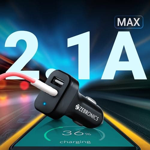 ZEBRONICS CC242A3 Car Charger with 10.5 Watts, Dual USB Ports, Compact Design, Built in Protections, LED Indicator, Included USB - Type-C Cable 3