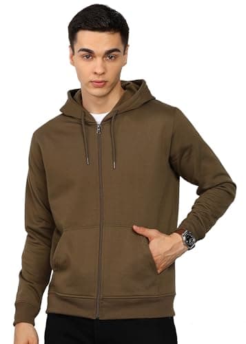 Alan Jones Clothing Men’s Solid Hooded Sweatshirt | Zip-Up Hoodie Jacket with Kangaroo Pocket, Drawstring Hood & Ribbed Hem | Casual Winterwear (Dark Khaki_M)