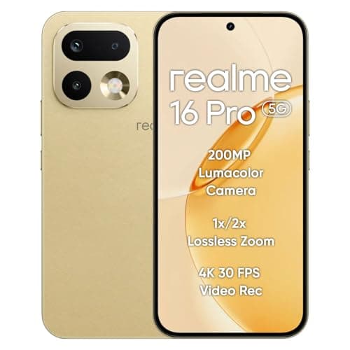 realme 16 Pro 5G Smartphone 12+256GB, 144Hz AMOLED Display, 7000mAh Battery, 80W SuperVOOC, 200MP Primary Camera 50MP Front Camera, MediaTek 7300-Max Processor, IP69, Master Gold