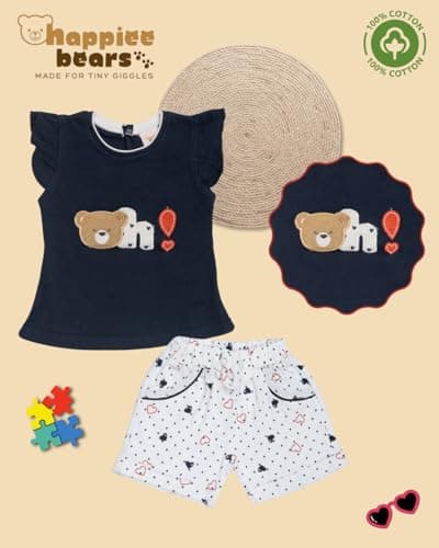 Happiee Bears Baby Girl Cotton Top & Shorts Set – Summer Outfit for 18–24 Months | Infant & Toddler Girl Dress Combo | Soft Pure Cotton Clothes | Made in India (SG144) Navy Blue 2