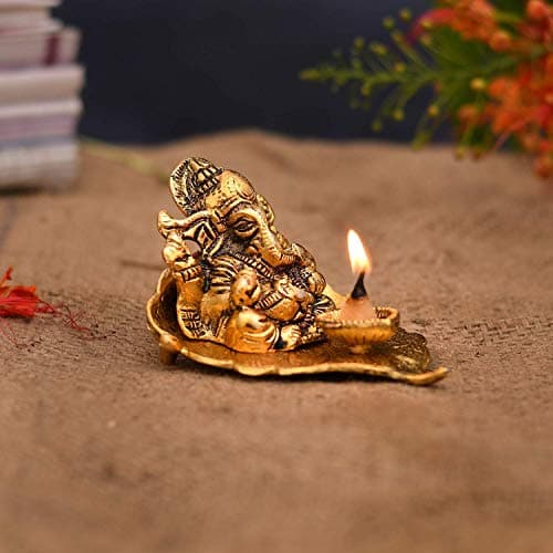 Collectible India Ganesh Diya Return Gift Metal Ganesha on Leaf Idol for Pooja | Wedding Corporate Gift Items for Home Decorative with Gift Box | Diya for Puja Pooja Gifting 3