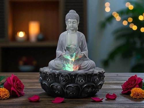 KridayKraft Meditating Buddha Water Fountain Idol Polyresin Lotus Water Fountain Showpiece for Home Garden Living Room Decor Decoration Gift Items, 24 CM 5