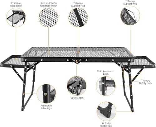 MUGATH Portable Folding Camping Table, Adjustable Height Aluminum BBQ Table with Mesh Grill & Dual Wing Panels, Lightweight Picnic Table for Outdoor Cooking, Beach & Garden 4