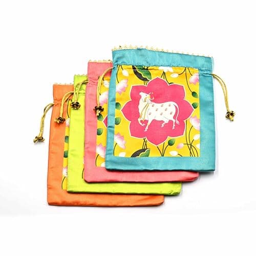 India Gift Hub | Assorted Lotus Cow Decorative | Printed Silk Potli |Traditional Elegance Cow Print | Pichwai Potli Batwa | Bag with Modern Handle (Pack of 20) 2