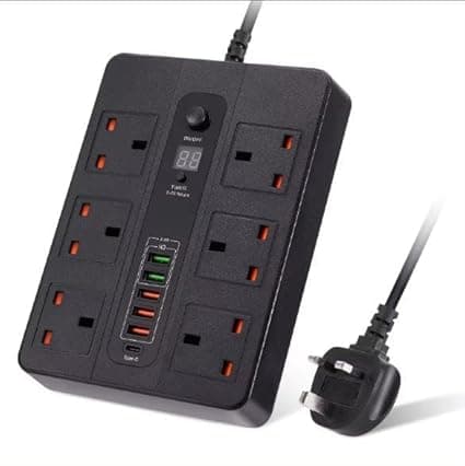 Universal Power Strip with USB & Type-C – 6 Socket Electrical Extension Board with 5 USB Fast Charging Ports & Overload Protection Switch for Home & Office