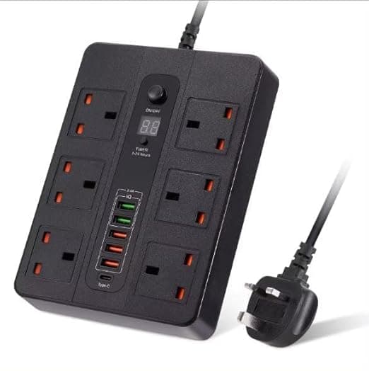 Universal Power Strip with USB & Type-C – 6 Socket Electrical Extension Board with 5 USB Fast Charging Ports & Overload Protection Switch for Home & Office